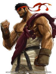Rule 34 | 1boy, beard, clenched hands, dougi, facial hair, feet out of frame, fingerless gloves, floating clothes, from below, from side, gloves, hand up, headband, highres, looking at hand, male focus, mature male, midriff sarashi, muscular, muscular male, pants, ryu (street fighter), sarashi, sash, short hair, solo, standing, street fighter, street fighter 6, takayuki nakayama, thick eyebrows