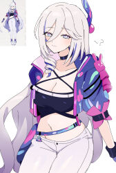 1girl ? absurdres awe_(adorableduckyy) black_camisole black_choker blue_eyes blue_gloves blue_hair blue_jacket breasts camisole choker cleavage closed_mouth collarbone commentary cropped_jacket fingerless_gloves gloves grey_hair hair_between_eyes highres honkai_(series) honkai_impact_3rd jacket long_hair looking_at_viewer medium_breasts misteln_schariac multicolored_hair multiple_views navel open_clothes open_jacket pants puffy_short_sleeves puffy_sleeves reference_inset ringlets short_sleeves smile streaked_hair very_long_hair white_pants