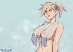 Rule 34 | 1girl, absurdres, arms at sides, blizzard (company), breasts, eyebrows hidden by hair, half-closed eyes, highres, large breasts, mercy (overwatch), nidhoggn, nipples, overwatch, overwatch 1, platinum blonde hair, see-through, self-upload, solo