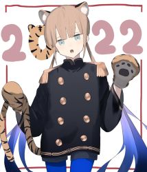 Rule 34 | 1boy, 2022, animal hands, blonde hair, blue hair, blue pantyhose, blunt bangs, captain nemo (fate), commentary request, epaulettes, fake tail, fate/grand order, fate (series), gloves, gradient hair, green eyes, highres, jacket, long sleeves, male focus, multicolored hair, nemo (fate), ninjin (ne f g o), open mouth, pantyhose, paw gloves, shorts, solo, tail, twintails