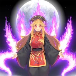 Rule 34 | 1girl, black dress, black hat, black sleeves, breasts, chinese clothes, crescent, dress, earth (planet), hair between eyes, hat, highres, junko (touhou), large breasts, long hair, long sleeves, looking at viewer, orange hair, planet, red eyes, smile, solo, tarmo, teeth, touhou, yellow neckwear