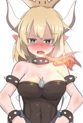 Rule 34 | 1girl, abs, armlet, black collar, blonde hair, blue eyes, blush, borrowed design, bowsette, bracelet, breasts, breath weapon, breathing fire, brooch, collar, commentary, crown, dress, earrings, embarrassed, fire, frown, gem, highres, horns, jewelry, large breasts, looking at viewer, mario (series), medium hair, new super mario bros. u deluxe, nintendo, open mouth, pointy ears, sharp teeth, solo, spiked armlet, spiked bracelet, spiked collar, spiked shell, spikes, standing, strapless, strapless dress, super crown, sweat, teeth, turtle shell, upper body, yogurt bakudan