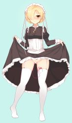 Rule 34 | 1girl, apron, azur lane, back bow, black dress, blonde hair, blue background, blush, bow, braid, breasts, censored, closed mouth, clothes lift, collar, controller, cross, dress, dress lift, female focus, female masturbation, flashing, frilled dress, frills, full body, garter straps, gluteal fold, groin, hair over one eye, hands up, happy, heart, heart censor, heel up, highres, lifting own clothes, looking at viewer, maid headdress, masturbation, medium breasts, mosaic censoring, no panties, nose blush, object insertion, p60, remote control, remote control vibrator, sex toy, sheffield (azur lane), short hair, simple background, skindentation, smile, solo, standing, straight-on, thighhighs, vaginal, vaginal object insertion, vibrator, vibrator cord, vibrator in thighhighs, white thighhighs, yellow eyes