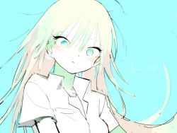 Rule 34 | 1girl, bad id, bad twitter id, blonde hair, blue background, blue eyes, character request, collared shirt, colored skin, commentary request, copyright request, earrings, hageshii nakano, hair between eyes, highres, jewelry, long hair, shirt, short sleeves, simple background, solo, upper body, white shirt, white skin, wing collar