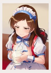 Rule 34 | 1girl, backpack, bag, blush, bow, bowtie, breasts, breasts out, brown hair, cum, cum in container, cum in cup, cum in mouth, cumdrip, cup, dress, facial, gokkun, highres, holding, holding cup, idolmaster, idolmaster million live!, kitazawa shiho, large breasts, long hair, nipples, randoseru, solo, wrist cuffs, yellow eyes, yoshika (music480069)