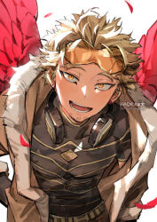 Rule 34 | 1boy, :d, artist name, black shirt, blonde hair, boku no hero academia, brown jacket, commentary, covered collarbone, earrings, facial hair, feathered wings, feathers, fur-trimmed jacket, fur trim, goggles, goggles on head, hawks (boku no hero academia), headphones, headphones around neck, jacket, jewelry, kadeart, long sleeves, looking at viewer, male focus, open clothes, open jacket, open mouth, red wings, round teeth, shirt, short hair, signature, simple background, smile, solo, striped clothes, striped shirt, stubble, symbol-only commentary, teeth, thick eyebrows, tongue, white background, wings, yellow eyes