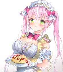 Rule 34 | 1girl, :3, alternate costume, blush, bow, breasts, cleavage, detached sleeves, food, gloves, green eyes, hairband, holding, holding plate, ketchup, korean commentary, large breasts, looking at viewer, making-of available, nijisanji, nijisanji kr, omelet, omurice, pink bow, plate, short hair, solo, twintails, virtual youtuber, white background, white gloves, yang nari, yang nari (artist)