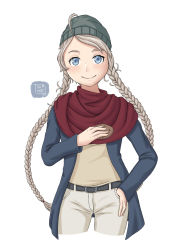 Rule 34 | 1girl, alternate costume, belt, blue eyes, braid, closed mouth, cookie, fire emblem, fire emblem fates, food, grey hair, hand on own hip, highres, holding, holding food, looking at viewer, nina (fire emblem), nintendo, scarf, smile, solo, tlayolistudio, upper body