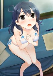 Rule 34 | 10s, 1girl, barefoot, bikini, black eyes, blue hair, blush, breasts, covered erect nipples, covering privates, covering breasts, from above, highres, kantai collection, legs, long hair, open mouth, shy, side-tie bikini bottom, sitting, solo, sorano (12gou), swimsuit, table, ushio (kancolle), white bikini