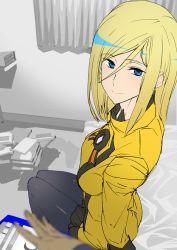Rule 34 | 1girl, ashiomi masato, bed, black pantyhose, blonde hair, blue eyes, breasts, closed mouth, curtains, dress, guilty gear, guilty gear xrd, long hair, looking at viewer, millia rage, pantyhose, skirt, smile