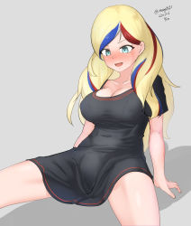 Rule 34 | 1girl, absurdres, black dress, blonde hair, blue hair, breasts, cleavage, commandant teste (kancolle), dated, dress, grey background, highres, kantai collection, large breasts, long hair, maru (marg0613), multicolored hair, red hair, simple background, sitting, solo, spread legs, streaked hair, twitter username, wavy hair, white background