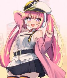 Rule 34 | 1girl, :d, arm up, beatmania, beatmania iidx, belt, black belt, black skirt, blush, body blush, breasts, building, commentary request, cowboy shot, hat, headphones, headset, highres, long hair, looking at viewer, medium bangs, medium breasts, miniskirt, mizushiro celica, open mouth, peaked cap, pink eyes, pink hair, pink shirt, pleated skirt, shiny skin, shirt, shirt partially removed, skirt, skyscraper, smile, solo, tekina (chmr), twintails, very long hair, white hat