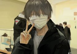 Rule 34 | 1boy, 4others, black jacket, brown hair, covered face, et atr3, highres, indoors, jacket, male focus, mask, mouth mask, multiple others, original, signature, sketch, sleeves past wrists, solo focus, upper body, v