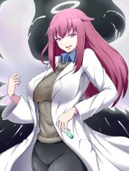 Rule 34 | 1girl, angel wings, black background, breasts, collared shirt, commentary request, cowboy shot, hair between eyes, half-closed eyes, halo, highres, holding, holding test tube, lab coat, large breasts, long hair, looking at viewer, mon-musu quest!, open mouth, promestein, raichi (ddq0246), red eyes, red hair, shirt, sidelocks, simple background, smile, solo, sweater, test tube, wing collar, wings