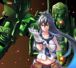 Rule 34 | 10s, 1girl, adjusting clothes, adjusting gloves, armored core, belt, black hair, breasts, chaigidhiell, cover image, crossover, frown, gloves, glowing, glowing eye, groin, hip focus, kantai collection, long hair, looking at viewer, mecha, medium breasts, midriff, navel, necktie, parted bangs, ponytail, putting on gloves, red eyes, red skirt, robot, school uniform, serafuku, sidelocks, skirt, sparkle, upper body, yahagi (kancolle)
