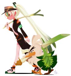 Rule 34 | 1girl, armband, black coat, coat, commentary, creatures (company), detached sleeves, eyeshadow, fighting miku (project voltage), food, from side, game freak, gen 8 pokemon, gloves, green armband, hatsune miku, highres, holding, holding food, holding spring onion, holding vegetable, long hair, long sleeves, makeup, multicolored hair, necktie, nintendo, orange eyeshadow, pokemon, pokemon (creature), project voltage, shoes, side slit, signature, simple background, single detached sleeve, sirfetch&#039;d, sneakers, spring onion, thighhighs, twintails, vegetable, very long hair, visor cap, vocaloid, white background, white gloves, white hair, white necktie, white thighhighs, yorita genyu