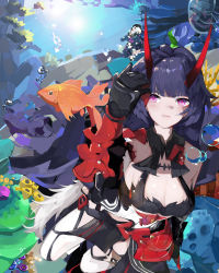 Rule 34 | 1girl, absurdres, bare shoulders, boots, breasts, bubble, cleavage, closed mouth, coral reef, evzeva, fish, goldfish, highres, honkai (series), honkai impact 3rd, horns, long hair, looking at viewer, ocean, purple eyes, purple hair, raiden mei, raiden mei (herrscher of thunder), seafloor, solo, thigh boots, thighhighs, underwater