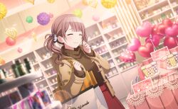 Rule 34 | 1girl, bag, balloon, blush, bottle, box, brown coat, brown hair, brown sweater, buttons, candle no kaori wa omoide to tomo ni (project sekai), closed eyes, closed mouth, coat, colorful palette, dutch angle, hand up, happy, happy valentine, heart, heart balloon, highres, hood, hood down, indoors, lace, long hair, long sleeves, mochizuki honami, official art, project sekai, red skirt, shelf, shop, shopping bag, side ponytail, sidelocks, skirt, smile, solo, sweater, third-party source, turtleneck, turtleneck sweater, valentine