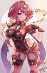 Rule 34 | 1girl, black gloves, bob cut, breasts, chest jewel, commentary, earrings, fingerless gloves, gloves, highres, jewelry, large breasts, nintendo, pantyhose, pantyhose under shorts, pyra (xenoblade), racket ti1, red eyes, red hair, red shorts, red thighhighs, short hair, short shorts, shorts, solo, super smash bros., swept bangs, thighhighs, tiara, xenoblade chronicles (series), xenoblade chronicles 2