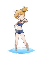Rule 34 | 1girl, ;d, absurdres, armpits, bikini, blue bikini, creatures (company), game freak, green eyes, hand on own hip, highres, jpeg artifacts, kisama (0213), looking at viewer, misty (pokemon), navel, nintendo, one eye closed, open mouth, partially submerged, pointing, pointing at viewer, pokemon, pokemon rgby, short ponytail, simple background, smile, solo, swimsuit, wading, water, white background