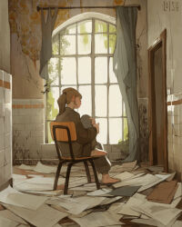 Rule 34 | 1girl, barefoot, blonde hair, chair, closed eyes, commentary, curtains, doorway, english commentary, from behind, full body, highres, loish, original, paper, ponytail, signature, sitting, solo, window
