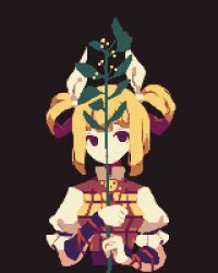 Rule 34 | 1girl, 4qw5, armor, armored dress, black background, black eyes, blonde hair, blunt bangs, branch, double bun, frilled shirt, frilled sleeves, frills, hair bun, hair ribbon, holding, holding branch, joutouguu mayumi, leaf, long hair, looking at object, pixel art, puffy short sleeves, puffy sleeves, ribbon, shirt, short sleeves, simple background, touhou, vambraces, white ribbon, white shirt