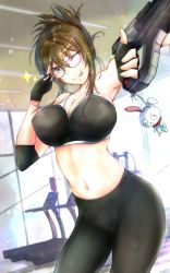Rule 34 | 1girl, black bra, black gloves, bra, breasts, brown hair, cleavage, collarbone, elbow gloves, glasses, gloves, gun, highres, holding, holding gun, holding weapon, kisaragi chitose, large breasts, midriff, navel, rainier (1976636922), solo, sparkle, sports bra, super robot wars, super robot wars v, sweat, tehepero, tongue, tongue out, treadmill, underwear, v-shaped eyebrows, weapon