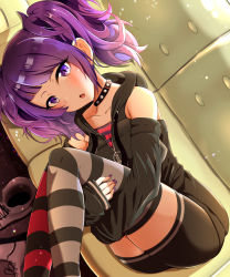 Rule 34 | 1girl, bike shorts, blush, collarbone, couch, detached sleeves, diagonal bangs, highres, hood, hooded vest, hoodie, hugging own legs, idolmaster, idolmaster shiny colors, kapa (kappa yousai), long sleeves, looking at viewer, lying, md5 mismatch, nail polish, on side, open mouth, purple eyes, purple hair, purple nails, shoes, sleeves past wrists, solo, striped clothes, striped thighhighs, studded choker, tanaka mamimi, thighhighs, twintails, unworn shoes, vest