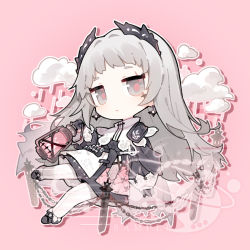 Rule 34 | 1girl, arknights, black dress, black footwear, black gloves, chain, chibi, dress, expressionless, female focus, full body, gloves, grey eyes, grey hair, head wings, holding, holding polearm, holding weapon, irene (arknights), light blush, long hair, long sleeves, looking at viewer, pantyhose, pink background, polearm, renren, scar, scar across eye, shoes, simple background, solo, sword, two-tone dress, weapon, white dress, white pantyhose, wings