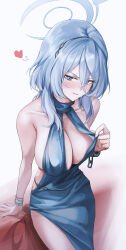 Rule 34 | 1girl, ako (blue archive), ako (dress) (blue archive), blue archive, blue eyes, blue hair, blush, breasts, cleavage, collarbone, commentary, cuffs, dress, hair between eyes, handcuffs, heart, highres, large breasts, long hair, looking at viewer, moda (mo da 3), official alternate costume, sideboob, simple background, sitting, sleeveless, sleeveless dress, solo, thighs, white background