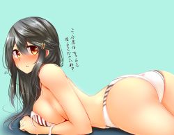 Rule 34 | 10s, 1girl, ass, bad id, bad nicoseiga id, bikini, black hair, blush, breast rest, breasts, brown eyes, female focus, hair ornament, haruna (kancolle), highres, kantai collection, large breasts, long hair, looking at viewer, lying, on stomach, open mouth, sideboob, simple background, solo, sweatdrop, swimsuit, translation request, tsukui kachou