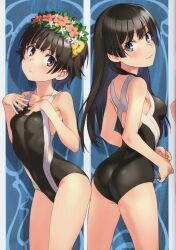 Rule 34 | 2girls, absurdres, ass, bare shoulders, black hair, blue eyes, blush, breasts, brown eyes, closed mouth, collarbone, competition swimsuit, flower, hair ornament, hands on own chest, head wreath, highres, lips, long hair, looking at viewer, looking back, medium breasts, multiple girls, one-piece swimsuit, raika9, saten ruiko, scan, shiny clothes, shiny skin, short hair, small breasts, smile, swimsuit, thighs, toaru kagaku no railgun, toaru majutsu no index, uiharu kazari
