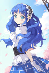 Rule 34 | 1girl, blue eyes, blue hair, breasts, cherry blossoms, corset, female focus, flower, frills, gloves, lace, long hair, looking back, lowres, maid headdress, matching hair/eyes, nature, outdoors, petals, plant, sarah (sword girls), seeker sarah, skirt, sky, smile, solo, sword girls