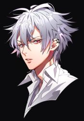 Rule 34 | 1boy, aohitsugi samatoki, black background, collared shirt, commentary request, ear piercing, grey hair, hair between eyes, highres, hypnosis mic, looking at viewer, male focus, parted lips, piercing, popped collar, portrait, red eyes, shirt, simple background, solo, tenobe, white shirt, wing collar