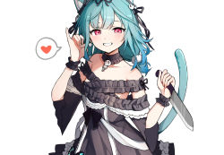 Rule 34 | 1girl, animal ear fluff, animal ears, bare shoulders, black dress, cat ears, cat tail, collarbone, detached collar, dress, flat chest, ghost earrings, green hair, heart, holding, holding knife, hololive, kemonomimi mode, knife, off-shoulder dress, off shoulder, red eyes, saple, short twintails, smile, solo, speech bubble, spoken heart, tail, twintails, uruha rushia, uruha rushia (3rd costume), virtual youtuber, yandere