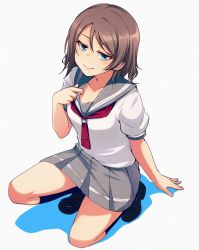 Rule 34 | 10s, 1girl, arm support, blue eyes, breasts, brown hair, cleavage, clothes pull, collar tug, highres, kneehighs, loafers, love live!, love live! sunshine!!, md5 mismatch, nanotsuki, naughty face, pleated skirt, resized, resolution mismatch, school uniform, serafuku, shirt pull, shoes, skirt, smile, socks, solo, source larger, squatting, watanabe you