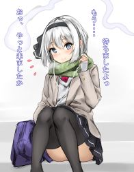 Rule 34 | 1girl, amagi (amagi626), ass, bag, black hairband, black ribbon, black skirt, blue eyes, blush, coat, commentary request, convenient leg, earbuds, earphones, feet out of frame, green scarf, grey coat, hair between eyes, hair ribbon, hairband, hand up, head tilt, highres, hitodama, holding, knees up, konpaku youmu, konpaku youmu (ghost), long sleeves, looking at viewer, miniskirt, open clothes, open coat, pleated skirt, ribbon, scarf, shirt, short hair, silver hair, simple background, sitting, skirt, smile, solo, thighhighs, touhou, translation request, white background, white shirt