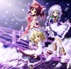 Rule 34 | 3girls, apron, between fingers, blonde hair, braid, broom, broom riding, brown hair, crescent, crescent moon, detached sleeves, female focus, floating, gohei, hakurei reimu, hat, holding, izayoi sakuya, kirisame marisa, knife, long sleeves, maid, maid apron, moon, multiple girls, night, outdoors, perfect cherry blossom, petals, scarf, short hair, silver hair, touhou, twin braids, witch hat