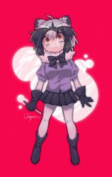 Rule 34 | 1girl, ahoge, animal ear fluff, animal ears, black bow, black bowtie, black footwear, black gloves, black hair, black skirt, boots, bow, bowtie, breasts, commentary request, common raccoon (kemono friends), crying, crying with eyes open, extra ears, full body, fur collar, gloves, grey hair, hair between eyes, highres, holding razor, jmeysan, kemono friends, large breasts, looking at viewer, miniskirt, multicolored hair, pink background, pleated skirt, purple shirt, raccoon ears, razor, red eyes, sad, shirt, short hair, short sleeves, skirt, solo, standing, straight razor, sweat, tears, wavy eyes, wide-eyed