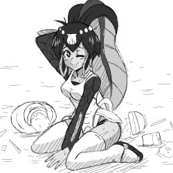 Rule 34 | 1girl, accident, breasts, cleavage, curvy, female focus, hip focus, kneeling, minette (skullgirls), monochrome, one eye closed, ponytail, skullgirls, solo, thighs, tongue, tongue out