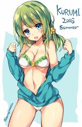 Rule 34 | 10s, 1girl, 2016, :d, battle girl high school, bikini, bikini under clothes, blue eyes, breasts, character name, cleavage, clenched hands, collarbone, cowboy shot, english text, flower, frilled bikini, frills, green hair, hair flower, hair ornament, jacket, long hair, looking at viewer, medium breasts, navel, open mouth, smile, solo, standing, swimsuit, swimsuit under clothes, tokiwa kurumi, twitter username, two-tone background, unacchi (nyusankin)