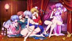 Rule 34 | 6+girls, alternate costume, alternate eye color, alternate hairstyle, armpits, back, bare back, bare legs, bare shoulders, barefoot, bed, blonde hair, blue eyes, braid, breasts, bug, bun cover, butterfly, canopy bed, china dress, chinese clothes, cleavage, double bun, dress, feet, female focus, flandre scarlet, hair bun, highres, hong meiling, insect, izayoi sakuya, jpeg artifacts, koakuma, large breasts, legs, looking at viewer, monety, multiple girls, no headwear, no panties, patchouli knowledge, purple eyes, purple hair, red eyes, remilia scarlet, ribbon, short hair, side slit, silver hair, single hair bun, sitting, smile, touhou, twin braids, wings, yuri