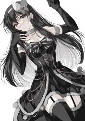 Rule 34 | 1girl, absurdres, akemi homura, black dress, black gloves, black hair, black thighhighs, blush, bow, bow hairband, breasts, brown eyes, cleavage, closed mouth, collarbone, colored inner hair, cowboy shot, dress, elbow gloves, frown, fur-trimmed thighhighs, fur trim, garter straps, gloves, grey bow, grey choker, grey hairband, hair between eyes, hair bow, hairband, highres, jewelry, long hair, looking at viewer, mahou shoujo madoka magica, mahou shoujo madoka magica (anime), medium breasts, misteor, multicolored hair, necklace, short dress, solo, strapless, strapless dress, thighhighs, two-tone hair, very long hair, white background, white hair, zettai ryouiki