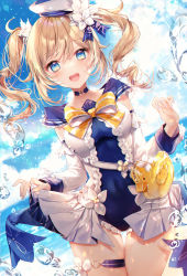 Rule 34 | 1girl, :d, absurdres, barbara (genshin impact), barbara (summertime sparkle) (genshin impact), blonde hair, blue eyes, blue sailor collar, blue sky, blurry, blurry background, bow, breasts, bubble, choker, clothes lift, cloud, cloudy sky, commentary request, covered navel, detached sleeves, diffraction spikes, dress, dutch angle, flower, frills, genshin impact, hair flower, hair ornament, hat, highres, lens flare, lifting own clothes, long hair, long sleeves, looking at viewer, medium breasts, ocean, official alternate costume, one-piece swimsuit, open mouth, outdoors, pleated dress, pleated skirt, rainbow, ribbon, sailor collar, sailor hat, sidelocks, skirt, skirt hold, skirt lift, sky, smile, solo, sparkle, standing, swimsuit, taya oco, thigh gap, thighs, tilted headwear, twintails, white hat, wrist cuffs