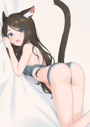 Rule 34 | 1girl, aina (mao lian), animal ear fluff, animal ears, ass, blue bra, blue eyes, blue panties, bra, breast press, breasts, brown hair, cat ears, cat girl, cat tail, from behind, highres, leaning forward, legs, long hair, looking back, mao lian (nekokao), open mouth, original, panties, presenting, simple background, solo, tail, thighs, underwear, underwear only, white background