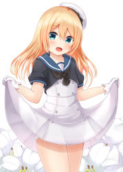 Rule 34 | 1girl, blonde hair, blue eyes, blue sailor collar, comiching, curtsey, dress, flower, gloves, hat, highres, jervis (kancolle), kantai collection, lily (flower), sailor collar, sailor dress, sailor hat, skirt hold, solo, standing, white dress, white flower, white gloves, white hat
