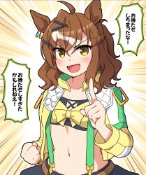 Rule 34 | 1girl, :d, animal ears, brown hair, commentary request, fang, flat chest, hair ornament, highres, horse ears, horse girl, index finger raised, jungle pocket (umamusume), looking at viewer, medium hair, midriff, navel, open mouth, smile, solo, takiki, translation request, umamusume, yellow eyes