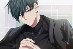 Rule 34 | 1boy, aqua eyes, black shirt, blue lock, closed mouth, commentary request, fingernails, green hair, hair between eyes, highres, itoshi rin, jacket, jacket on shoulders, jewelry, looking at viewer, male focus, may (illust man 2020), necklace, shirt, short hair, solo, turtleneck