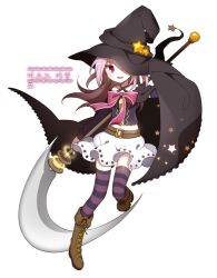 Rule 34 | 1girl, belt, black cape, black hat, black shirt, brown belt, brown footwear, cape, criss-cross halter, crop top, cross-laced footwear, fold-over boots, full body, halterneck, hat, hat ornament, holding, holding scythe, long hair, looking at viewer, magia record: mahou shoujo madoka magica gaiden, magical girl, mahou shoujo madoka magica, midriff, misono karin, mo (bnh8401), navel, one eye covered, open mouth, pink ribbon, pleated skirt, print skirt, purple eyes, purple hair, purple thighhighs, ribbon, scythe, second-party source, shirt, skirt, smile, solo, standing, standing on one leg, star (symbol), star hat ornament, star print, striped clothes, striped thighhighs, thighhighs, transparent background, white skirt, witch hat, yellow gemstone
