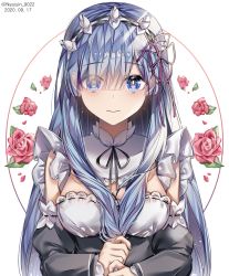 Rule 34 | 1girl, alternate hair length, alternate hairstyle, artist name, black ribbon, blue eyes, blue hair, blush, breasts, cleavage, closed mouth, commentary, dated, detached sleeves, dress, ears visible through hair, eyes visible through hair, facing viewer, flower, frilled sleeves, frills, grey dress, hair ornament, hair over one eye, hair ribbon, highres, holding, holding hair, juliet sleeves, long hair, long sleeves, looking at viewer, maid, maid headdress, medium breasts, neck ribbon, nyaruin, pink flower, pink ribbon, pink rose, puffy sleeves, re:zero kara hajimeru isekai seikatsu, rem (re:zero), ribbon, rose, roswaal mansion maid uniform, smile, solo, upper body, x hair ornament